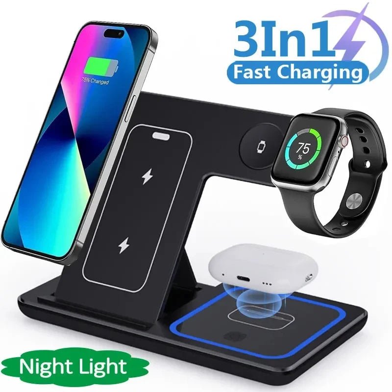 15W 3 In 1 LED Fast Wireless Charger Stand Foldable Charging Station For Smart Phone 15 14 13 12 11 IWatch 9 8 7 6 5 Airpods Pro - QuickBuy
