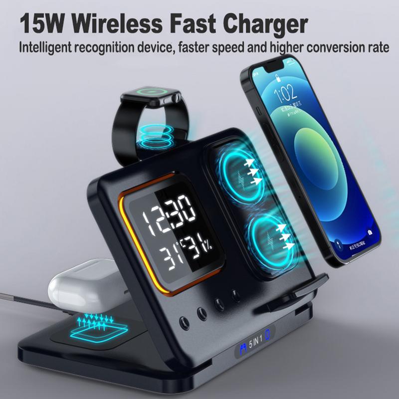 15W Wireless Chargers Stand 5 In1 LED Digital Alarm Clock Fast Charging Dock Station - QuickBuy