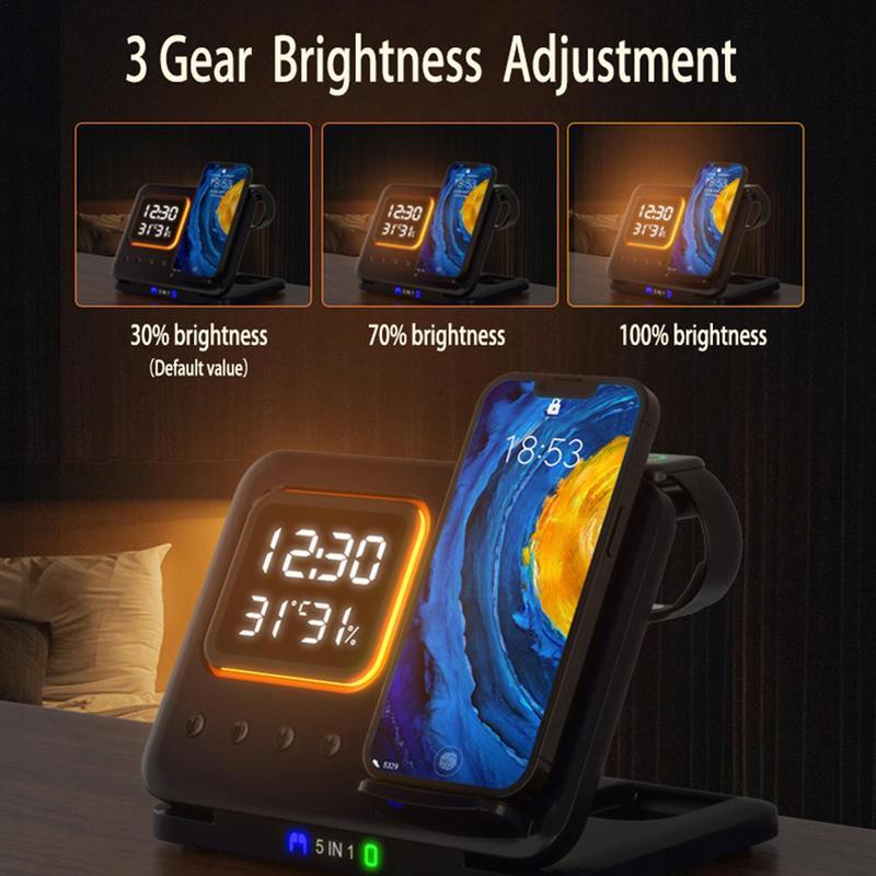 15W Wireless Chargers Stand 5 In1 LED Digital Alarm Clock Fast Charging Dock Station - QuickBuy