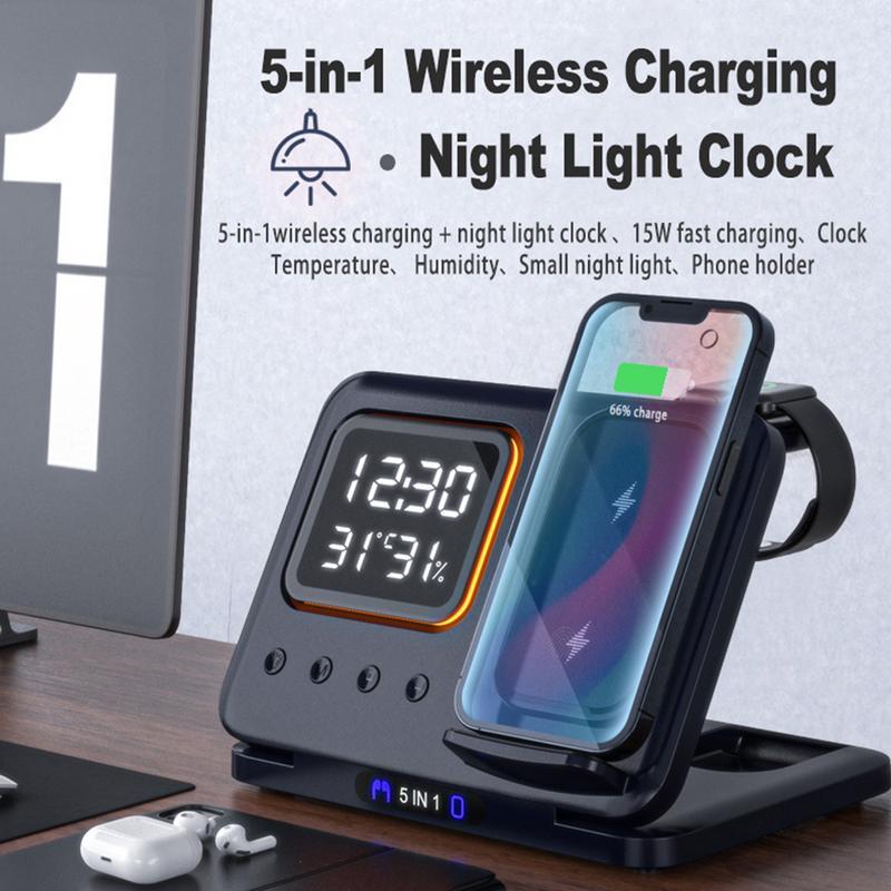 15W Wireless Chargers Stand 5 In1 LED Digital Alarm Clock Fast Charging Dock Station - QuickBuy