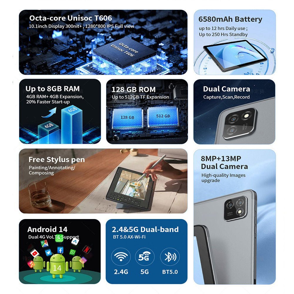 G - tab T11 Android 14 Tablet 10.1 Inch 1280&800 IPS Screen Unisoc T606 8 Core Max 1.6GHz 8GB RAM 4GB&4GB Expansion128GB ROM 2.4&5GHz WiFi Bluetooth 5.0 6580mAh Battery 8MP&13MP Camera Dual 4G - QuickBuy
