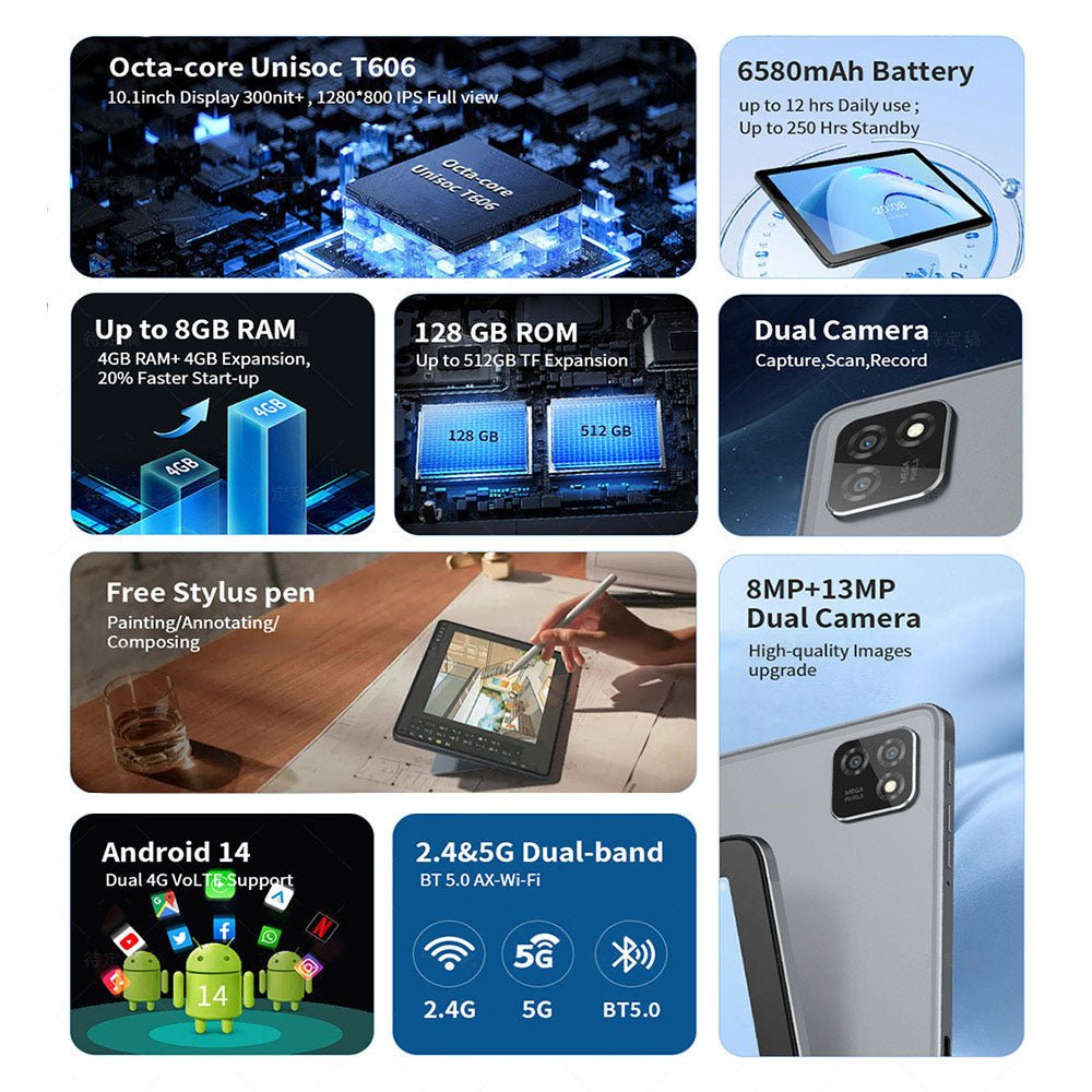 G - tab T11 Android 14 Tablet 10.1 Inch 1280&800 IPS Screen Unisoc T606 8 Core Max 1.6GHz 8GB RAM 4GB&4GB Expansion128GB ROM 2.4&5GHz WiFi Bluetooth 5.0 6580mAh Battery 8MP&13MP Camera Dual 4G - QuickBuy