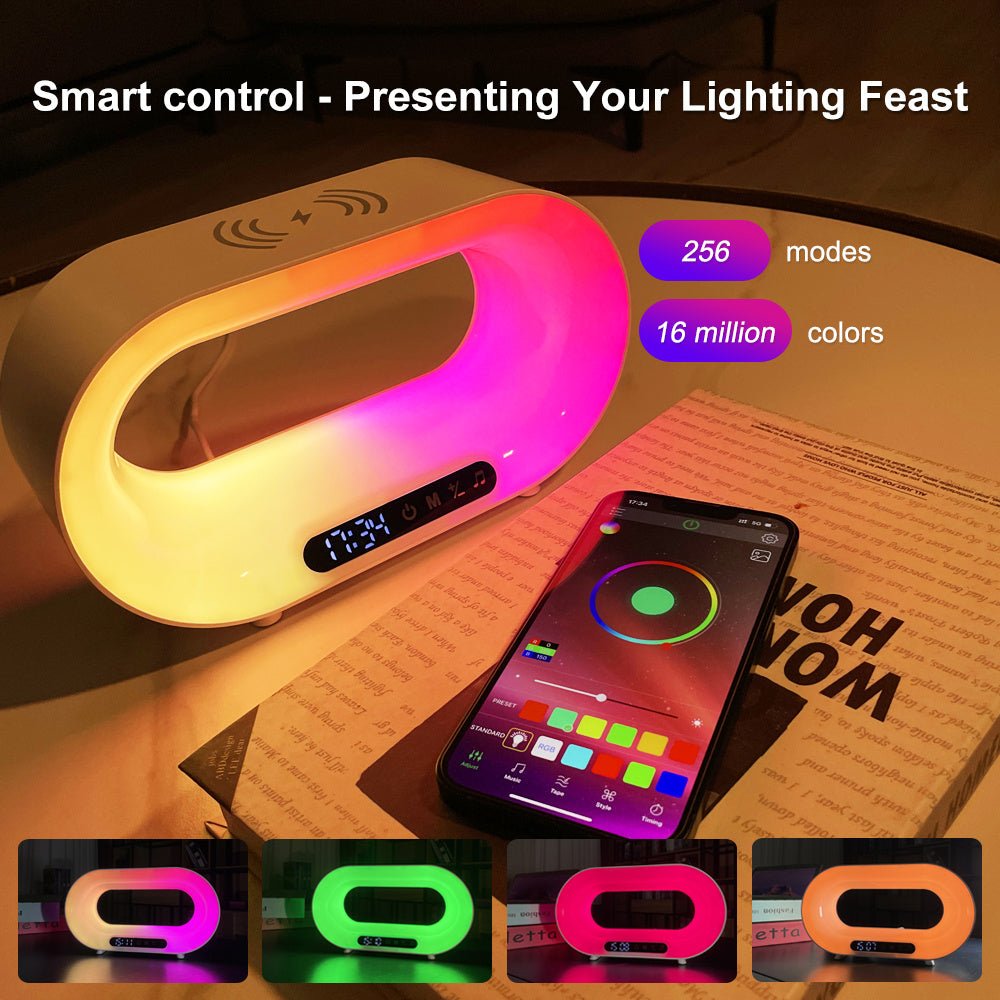 Multi - function 3 In 1 LED Night Light APP Control RGB Atmosphere Desk Lamp Smart Multifunctional Wireless Charger Alarm Clock - QuickBuy