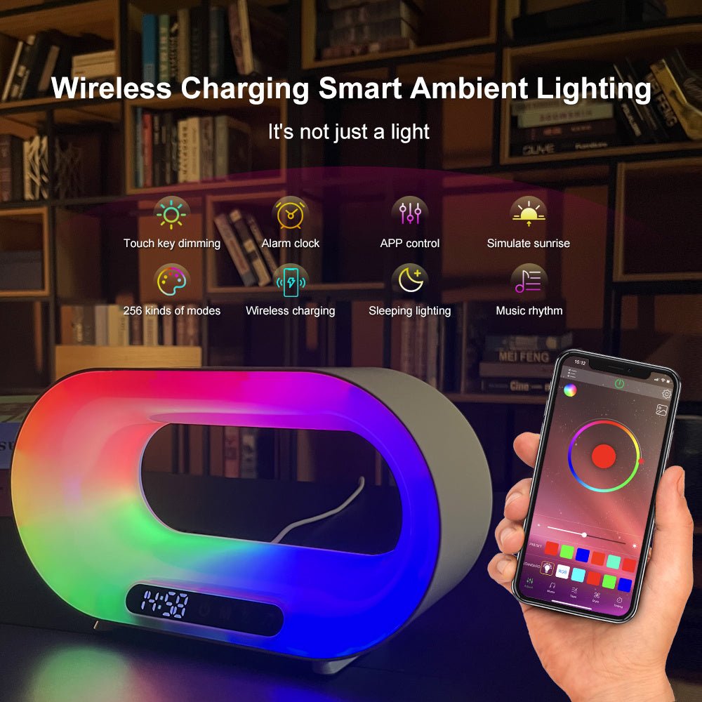 Multi - function 3 In 1 LED Night Light APP Control RGB Atmosphere Desk Lamp Smart Multifunctional Wireless Charger Alarm Clock - QuickBuy