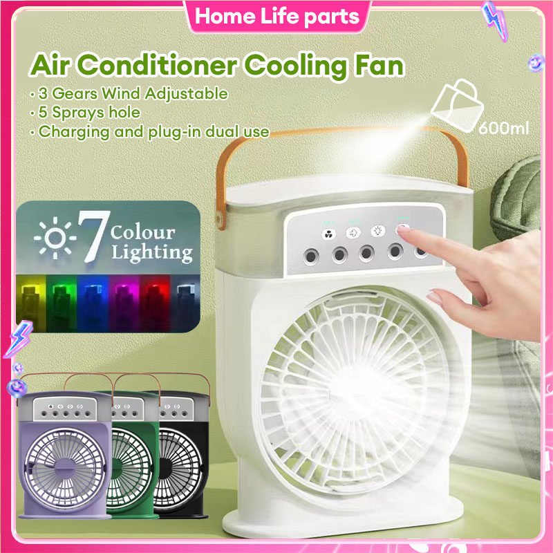 Portable USB Air Conditioner Cooling Fan With 5 Sprays 7 Color Light 600ML Water Tank Spray Mist Air Cooler Humidifiers - QuickBuy