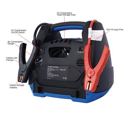 Rechargeable Jump Starter For Gas Diesel Vehicles - 1800 Amps With Air Compressor And AC, 12V DC, USB Power Station - QuickBuy
