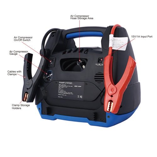 Rechargeable Jump Starter For Gas Diesel Vehicles - 1800 Amps With Air Compressor And AC, 12V DC, USB Power Station - QuickBuy